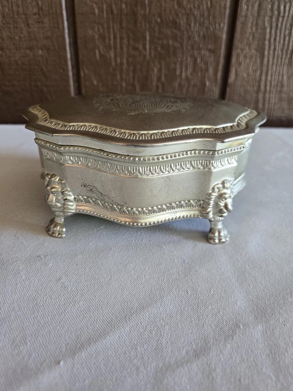Ornate Jewelry Trinket Box with Lion Head Feet And Red Lining Vintage